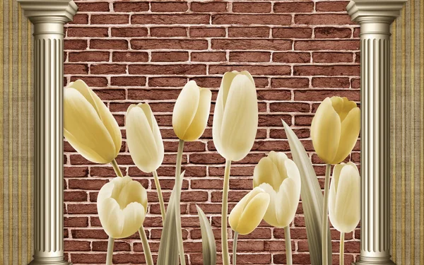 3d wallpaper mural illustration.golden columns and flowers in wall bricks for wall decoration