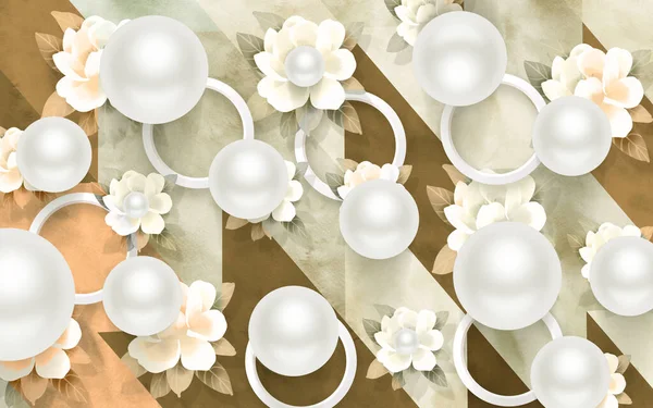 Murale Wallpaper Illustration Fiori Perle Con Cerchio Bianco Sullo Sfondo — Foto Stock