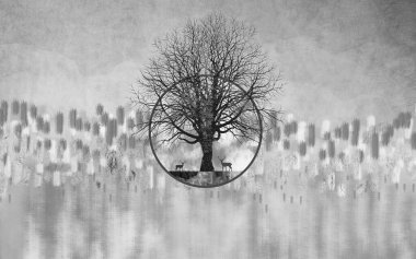 Tablo sanat duvar kâğıdı. Siyah ağaçlar ve koyu gri 3D resimli geyik. Arka plan sıçraması..