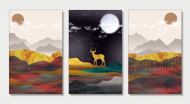 Sanat duvar kâğıdı açık arkaplan, renkli dağ, altın geyik, altın kuşlar ve ay ve gökyüzünde bulutlar