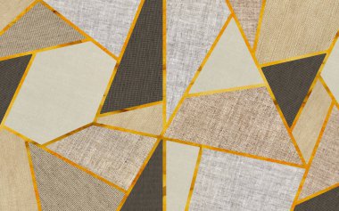 Üç boyutlu geometrik duvar resmi modern duvar kağıdı. Altın ve gri tekstil ile dekoratif üçgenler
