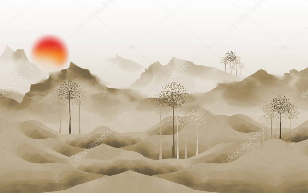 3d landscape wallpaper. mountains, trees, sky, birds, and sun in light flat background