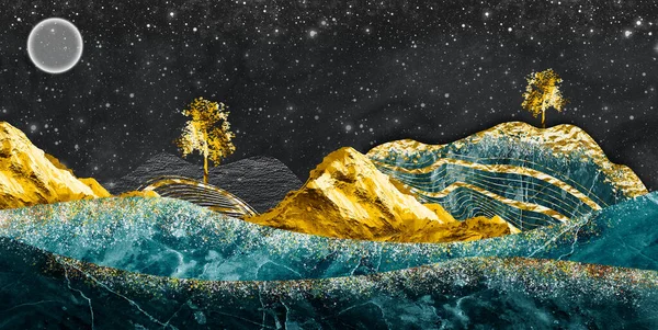 3d modern art mural wallpaper, night landscape with dark turquoise mountains, dark black background with stars and moon, golden trees, and gold waves.