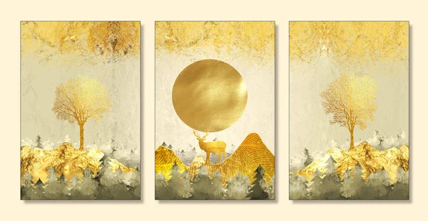 Modern Canvas Art Mural Wallpaper Golden Trees Light Background Golden — Zdjęcie stockowe