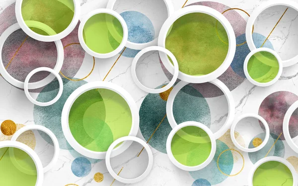 3d illustration wallpaper home decor. light green, and white circles and golden items in white background