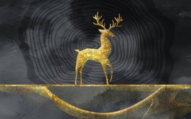 3d mural wallpaper.golden deer and golden lines in black background