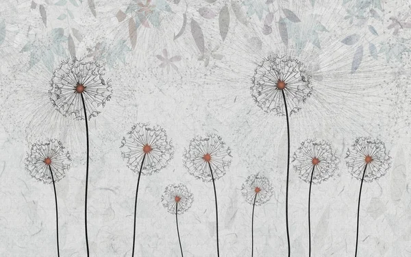 Mural Wallpaper Black Dandelion Leaves Gray Background Wall Decor — Stockfoto