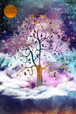 Üç boyutlu duvar kağıdı manzarası. Bulutlar, koyu renkli arka planda güneş altın ağacı. duvar çerçeve dekoru