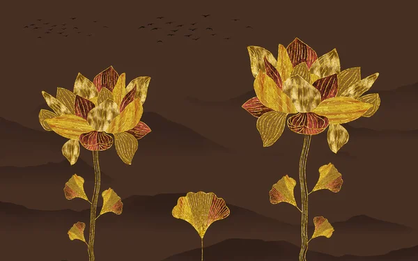 Gouden Rode Bloemen Muurschildering Behang Een Donkerbruine Landschap Achtergrond Voor — Stockfoto