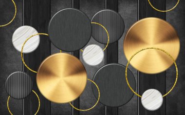 3D siyah duvar kağıdı duvar resmi. Beyaz ve altın halkalar koyu gri arka plan dekoratif duvar sanatı.