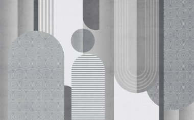 3D resimli duvar dekoru bez bez düz sanat. Şekiller, daireler ve çizgiler, hafif arkaplanda minimalist tasarım.