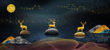 Koyu mavi arkaplanı ve dalgalı çizgileri olan 3D modern duvar kağıdı. Altın geyik, bulutlar, sudaki renkli dağlar, ve altın ay ve altın kuşlar. 