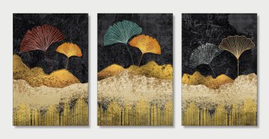 Soyut sanat, fonksiyonel sanat, suluboya jeot resim. Altın dağlar, çizgiler ve siyah mermer arkaplandaki tüyleri şekillendirir.