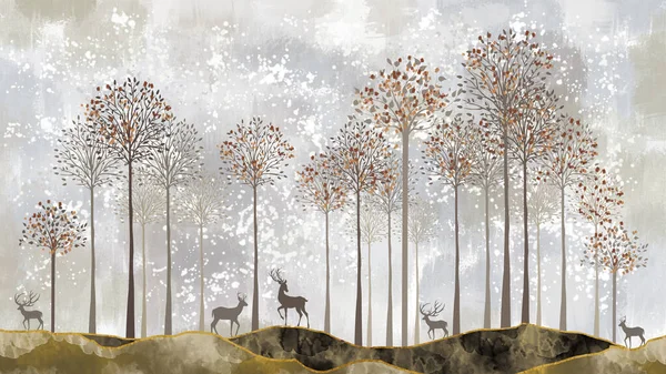 Moderne Platte Kunst Muurschildering Behang Met Jungle Bos Achtergrond Herten — Stockfoto