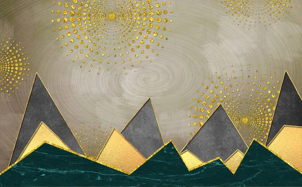 3D壁紙幾何学的な形状 黄金の三角形 黒の三角形 円の黄金の点 現代の家庭の壁の装飾のため — ストック写真