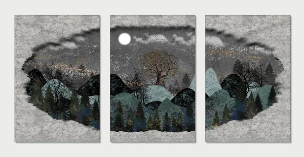 Czarno Biała Tapeta Płótno Krajobraz Góry Drzewa Chmury Księżyc Szarym — Zdjęcie stockowe