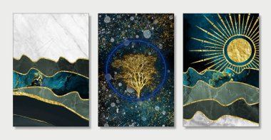 3D modern sanat duvarı çerçevesi, gece manzarası mavi, gri, yeşil ve turkuaz mermer. Altın ağaçlar ve altın dalgalar.