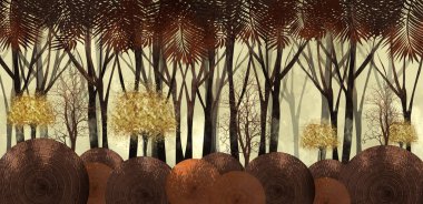 Duvar resimleri, orman manzarası, altın ağaç, kahverengi duvar kâğıdı. Basit çizim modern arkaplanı olan dağlar