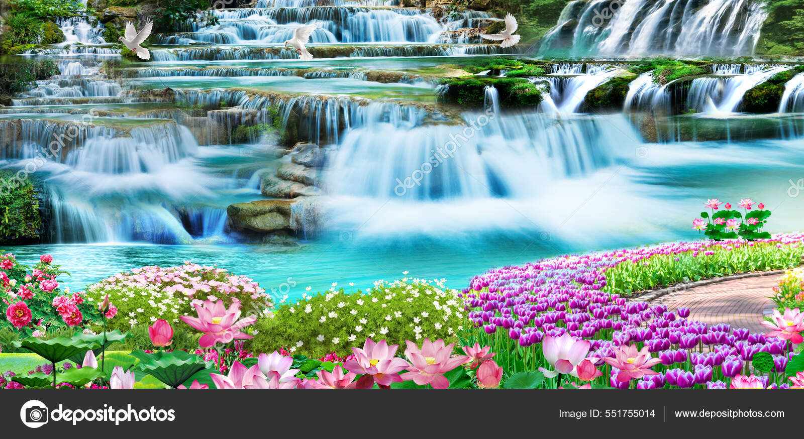 Mural Paisagem Colorida Flores Ramos Multi Cores Com Árvores Água — Foto ©  3d_Artwork_Wallpaper #551755014, image size:1600x874
