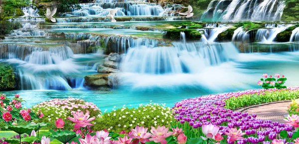 Фреска Красочный Пейзаж Цветки Разноцветные Деревьями Водой Водопад Летающие Птицы — стоковое фото