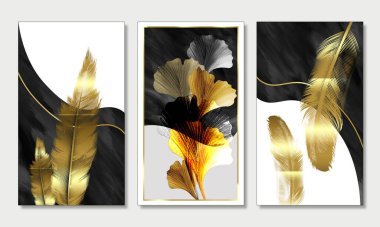 Çiçeksel işlevsel tuval resimleri, suluboya jeot resimleri. Altın dalgalı şekiller çizgiler ve tüyler
