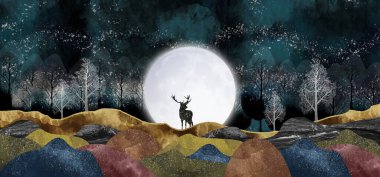 3D modern sanat duvar kağıdı, gece manzarası, renkli dağlar, ağaçlar, yıldızlı siyah arkaplan ve ay.