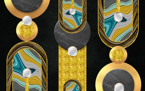 Σύγχρονη Μαρμάρινη Τοιχογραφία Τέχνης Χρυσούς Κύκλους Και Διακοσμητικά Στοιχεία Μαύρο — Φωτογραφία Αρχείου