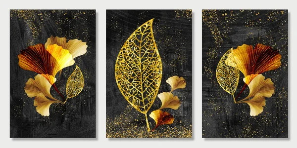 Modern resim arka planında 3D altın ağaç yaprakları. Duvar iskeleti ev dekoru. duvar çerçeve dekoru