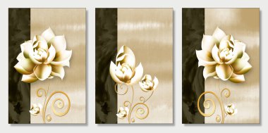 3 boyutlu klasik duvar sanatı. çiçekler ve kahverengi çizim arkaplanı. Duvar tuvali sanatı