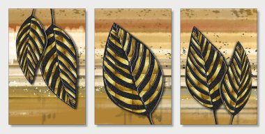 Üç boyutlu duvar tuvali dekoru. Kahverengi arkaplanda altın ve siyah yapraklar çiziyor