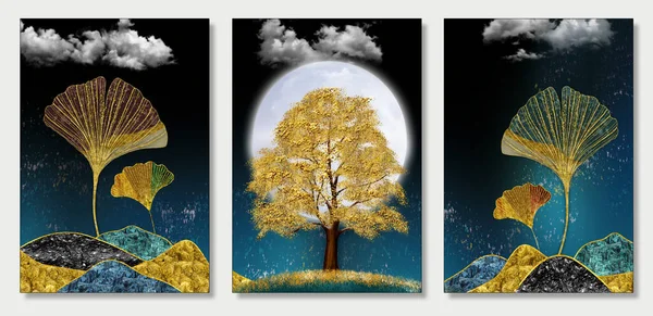 Art Mural Wallpaper Dark Blue Background Golden Christmas Tree Leaves — Photo