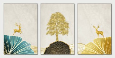 3d illustration landscape art. golden tree, deer in light background with ginko biloba leaves
