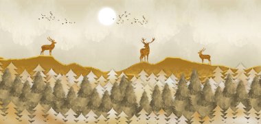 3D modern tuval resim duvar resmi duvar kağıdı. Kahverengi Noel ağaçları ve mermer arka planı var. Altın geyik, Noel ağacı, dağlar, güneş ve kuşlar.