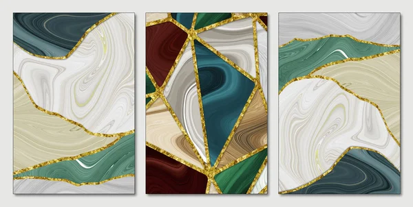 3D soyut renkli mermer tuval duvar çerçevesi duvar kağıdı. Altın çizgiler ve arka planda üçgenler. 3d resim çizimi