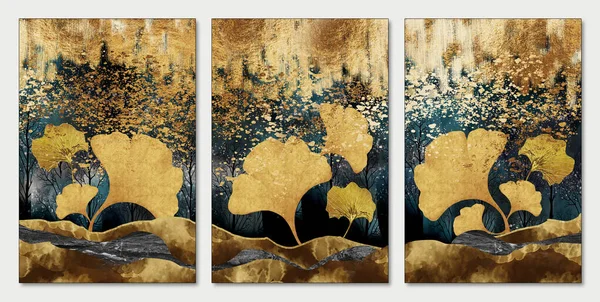 Modern Wall Frame Canvas Art Wallpaper Feathers Ginko Leaves Golden — Photo