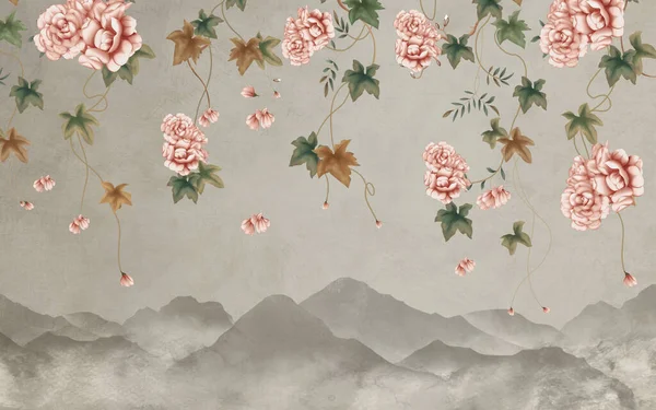 Floral Mural Landscape Background Lights Simple Wallpaper Flowers Branches Mountains — 스톡 사진