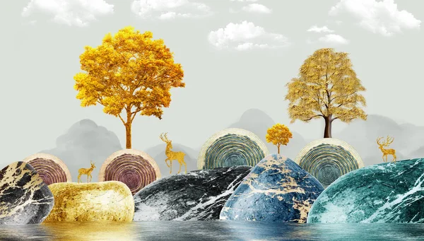 3d Chinese landscape wallpaper. gray background with the golden trees, deer, birds, mountains, and white clouds. golden, black, turquoise stone in water.