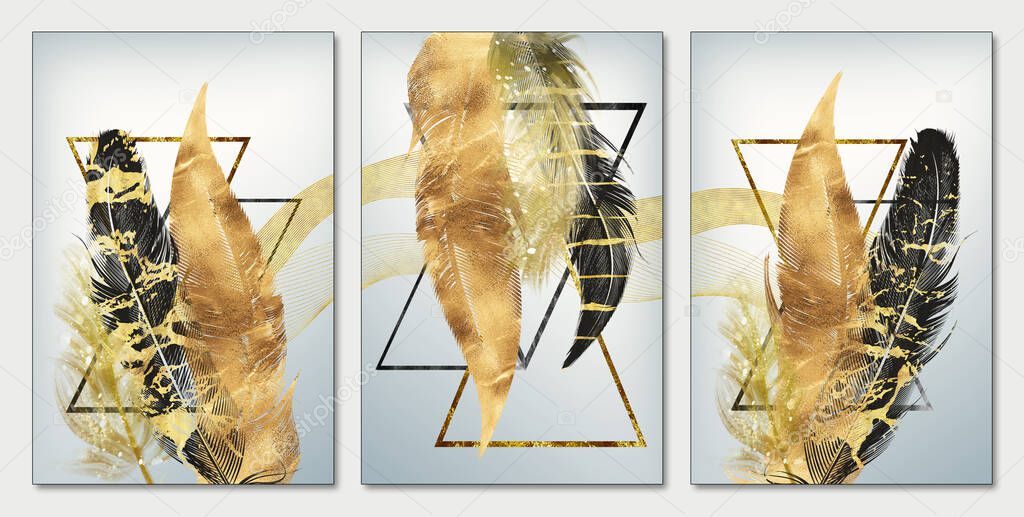 3d drawing art mural modern wall frame. golden, black feathers and triangles with marble in light gray background