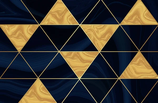 3d modern abstract wallpaper. Golden lines and triangles. Geometric forms in dark blue background. for interior home decor