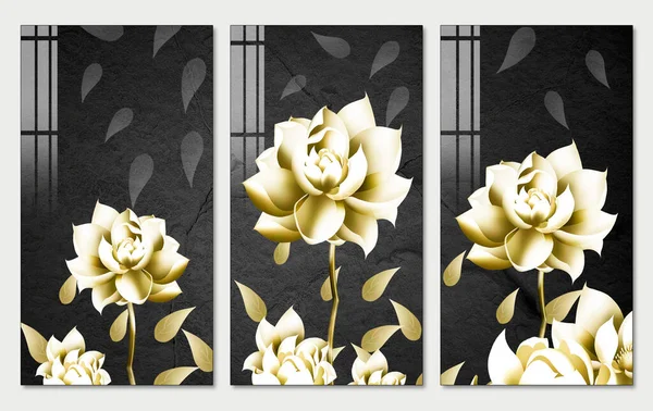 Gouden Bloemen Muur Decor Muurschildering Behang Zwarte Achtergrond Voor Thuis — Stockfoto