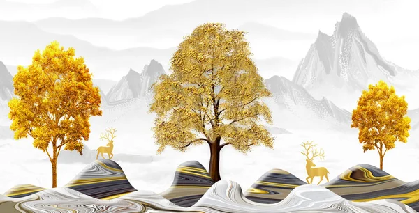 3d Chinese landscape wallpaper art.golden trees and colorful wavy marble mountains. deer and light gray background