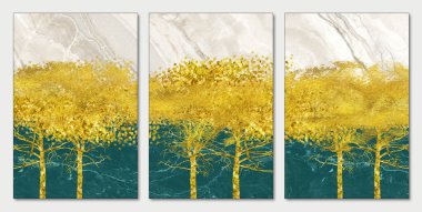  Duvar dekorasyonu için 3d minimalist resim duvar kağıdı çiziyor. Resin jeot fonksiyonel, suluboya jeot boyası gibi. Altın ağaç, yeşil, açık kahverengi ve turkuaz arkaplan