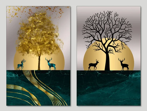 modern art mural 3d wallpaper, night landscape, golden, black trees, dark marble sun and deers
