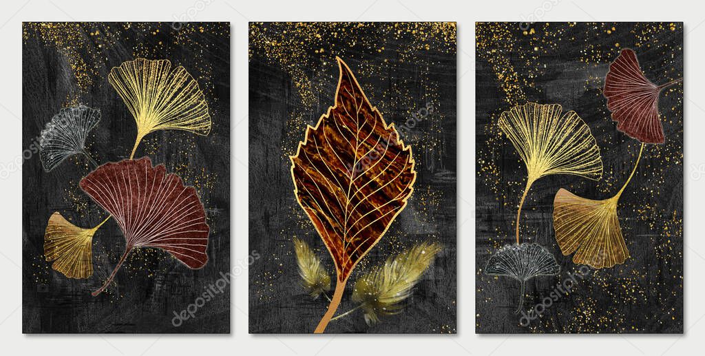 3d golden tree leaves in modern painting background. wall frame home decor. wall frame decor