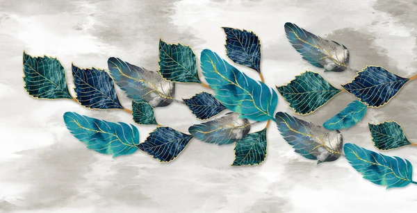 Art Wallpaper Blue Turquoise Gray Leaves Feathers Golden Drawing Light —  Fotos de Stock