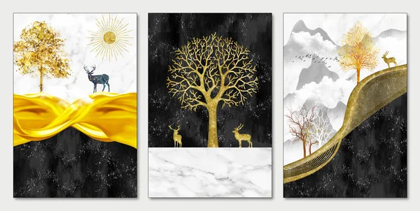 Art Mural Wallpaper Landscape Black White Marble Golden Trees Mountains — Photo