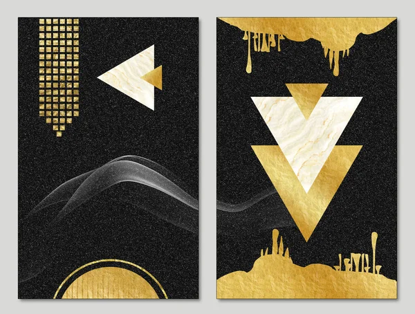 3d modern art frame canvas mural wallpaper. golden, marbled triangles and decorative golden lines in black background.for wall decor