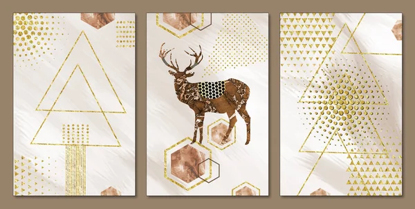 3d drawing art mural modern wall frame. golden triangles and dots shapes with marble deer in light gray background