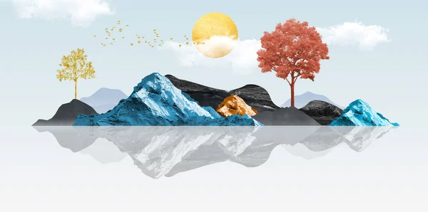 Chinese landscape art. Drawing black, blue, and golden mountains. sun, trees, birds, and sky in a light background. 3d modern canvas art mural wallpaper