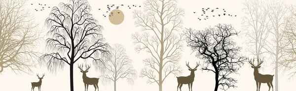 3d flat mural wallpaper jungle trees branches and flowers. Deer birds with flat modern simple background